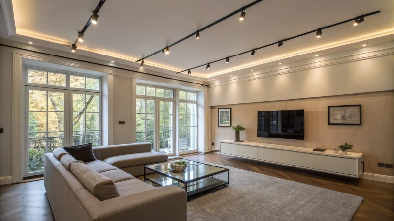 A minimalistic contemporary living room with sleek furniture and warm lighting