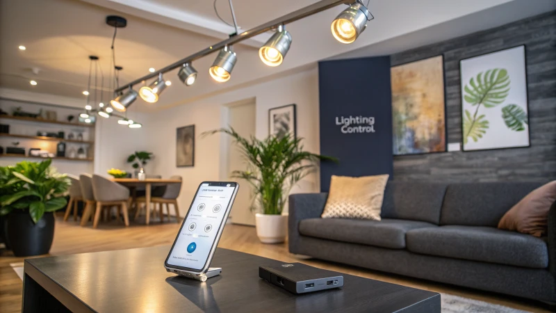 A contemporary living room with smart track lighting