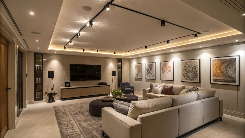 Modern living room with track lighting and stylish decor