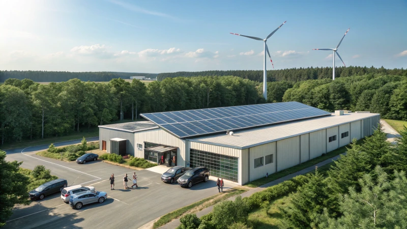A modern sustainable manufacturing facility with solar panels and wind turbines.