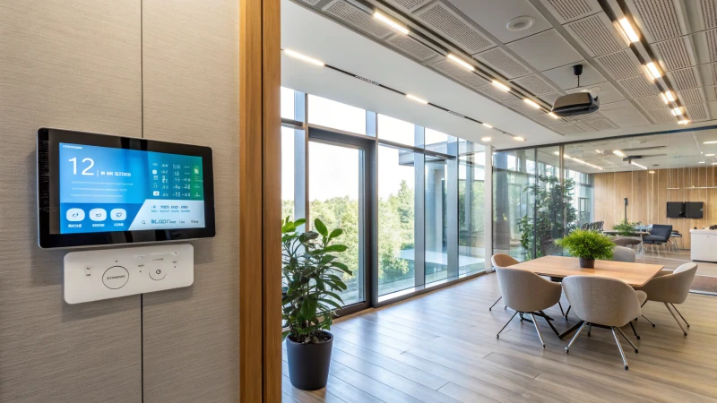 A modern office with energy-efficient lighting and smart control panels