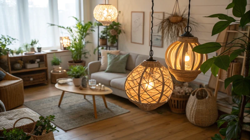 Cozy living room with organic light fixtures and indoor plants.