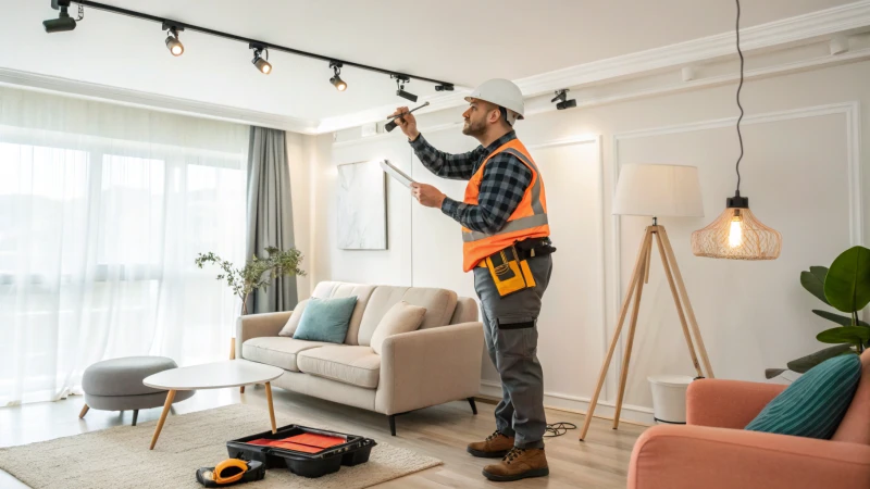 An electrician inspecting a track lighting system in a modern living room.
