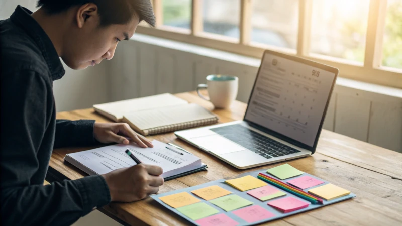 A focused individual studying at a well-organized desk