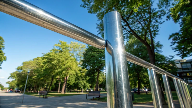 Shiny galvanized steel poles in an urban park surrounded by trees and blue sky.