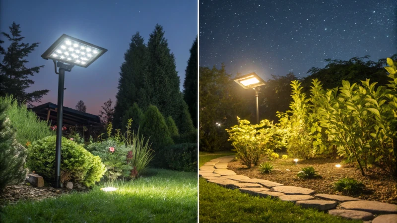 A garden illuminated by LED and halogen flood lights at night