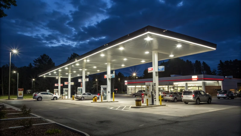 Nighttime gas station illuminated by LED lights