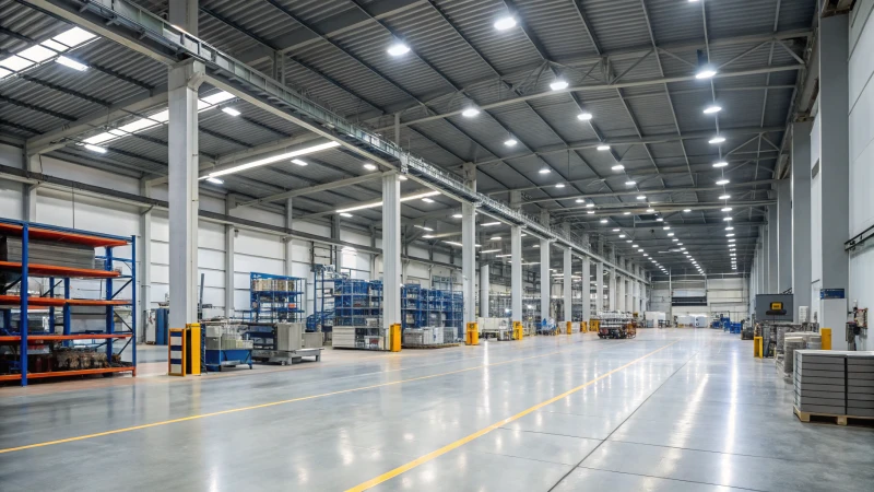 Interior view of a large industrial warehouse with bright lighting and machinery.