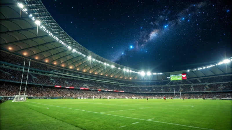 A photorealistic view of a large outdoor sports stadium illuminated at night