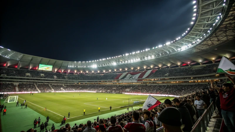 A vibrant outdoor stadium filled with cheering fans at night.
