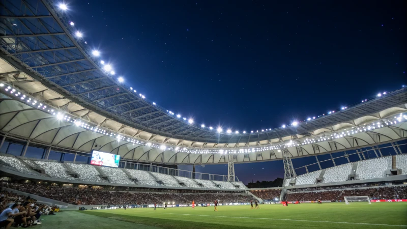 A large illuminated stadium at night with spectators