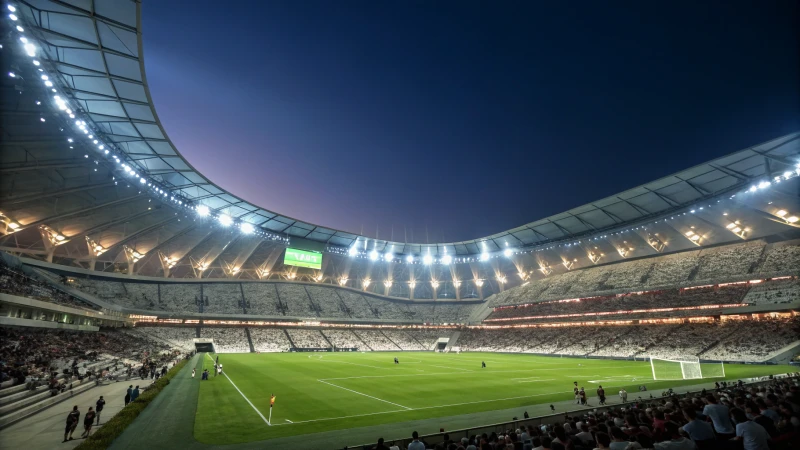 Illuminated stadium at night with a vibrant crowd
