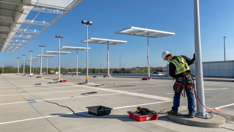Technician installing LED lights in a parking area