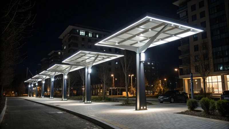 LED canopy lights illuminating a modern structure at night