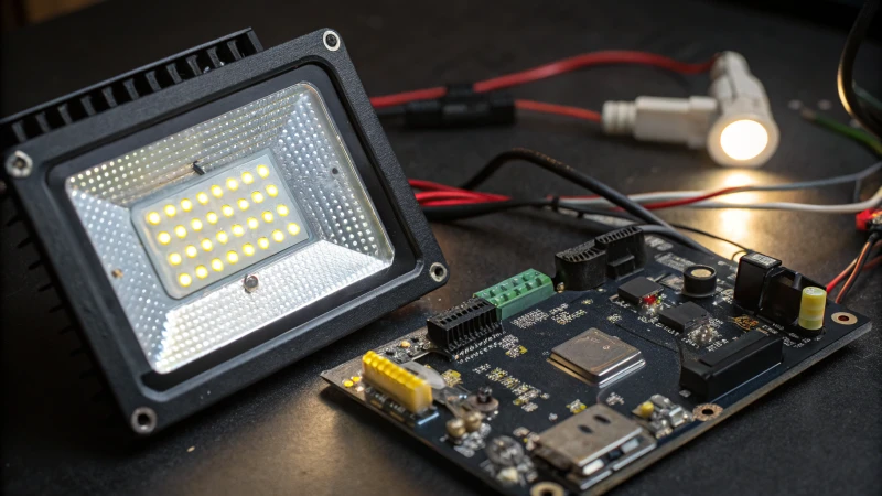 Close-up of an LED flood light showing illuminated diodes and intricate circuitry.