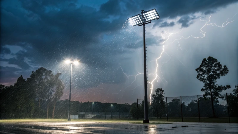 LED flood lights on a tall pole during a thunderstorm