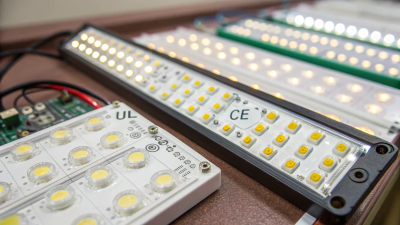 Close-up view of various LED lights on a table