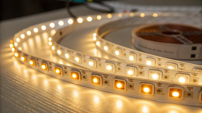 Close-up of LED strip lights with varying brightness