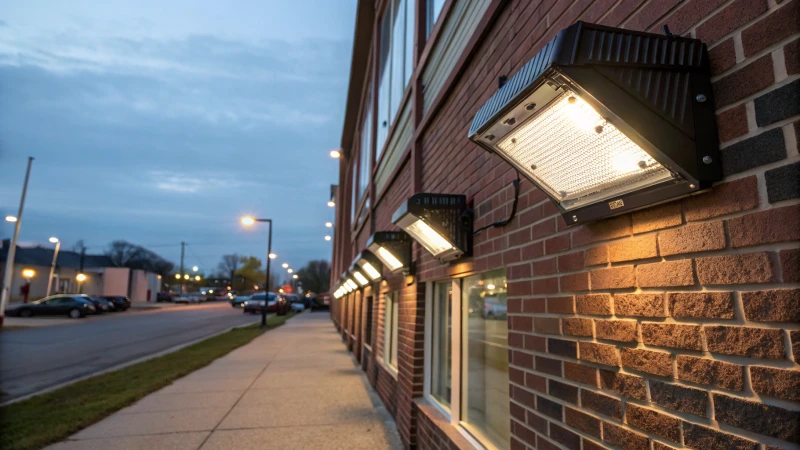 LED wall pack lights illuminating a brick wall at dusk