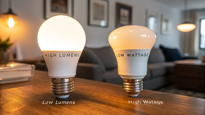 Comparison of two light bulbs on a wooden table with labels