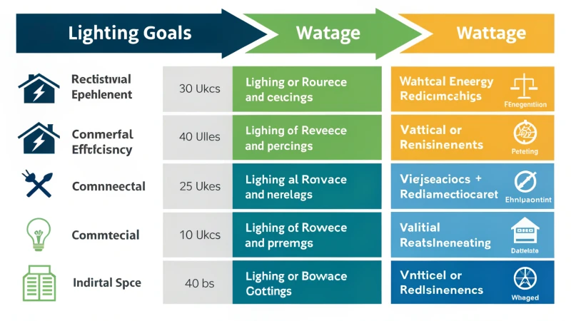 Infographic illustrating lighting goals and wattage requirements in various spaces
