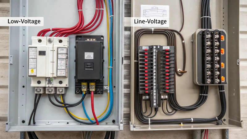 Illustration contrasting low-voltage and line-voltage electrical systems.