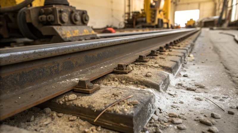 Close-up of a worn magnetic track system with scratches and rust