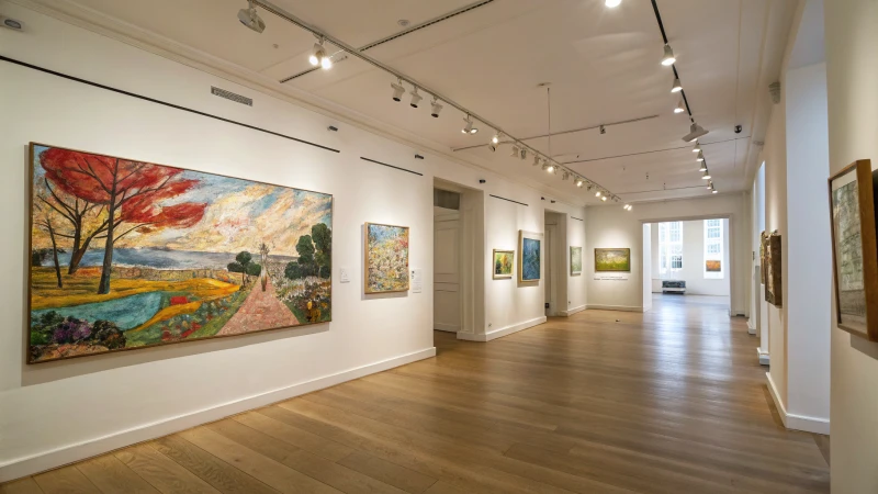 Interior of a modern art gallery with colorful paintings
