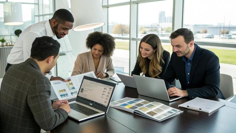 Professionals in a business meeting examining product samples