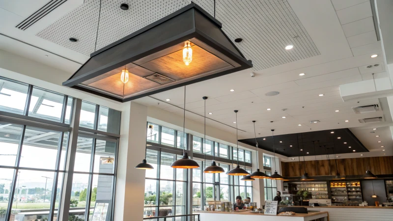 A modern commercial interior showcasing a sleek light fixture and minimalist decor