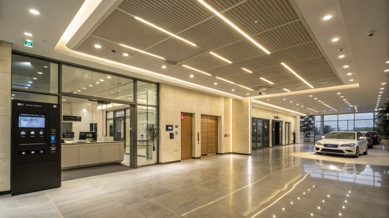 A modern commercial space with LED canopy lights