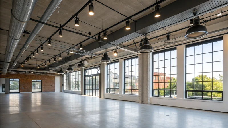 A modern commercial space with high ceilings and track lights