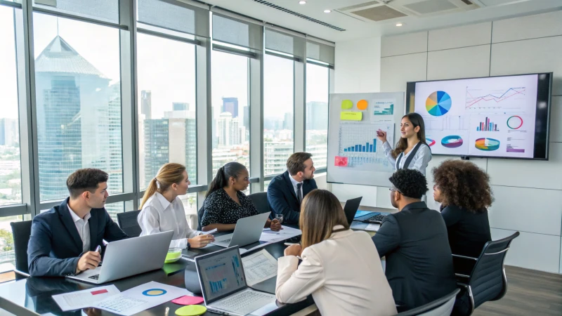 A diverse group of business professionals in a conference room discussing strategic partnerships.