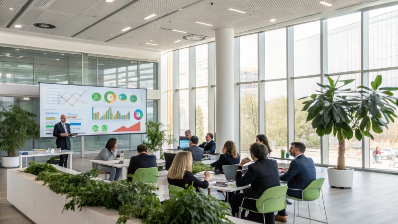 A diverse group of professionals in a modern meeting room discussing sustainability strategies.