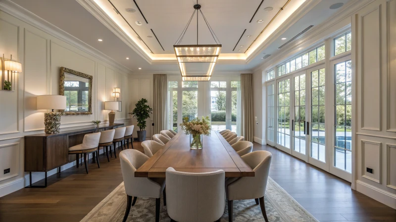 A modern dining room with a long wooden table and elegant chairs