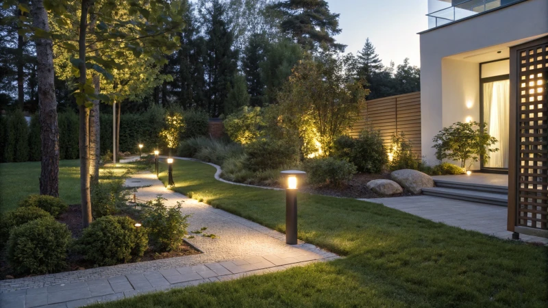 Modern garden at twilight with LED lights