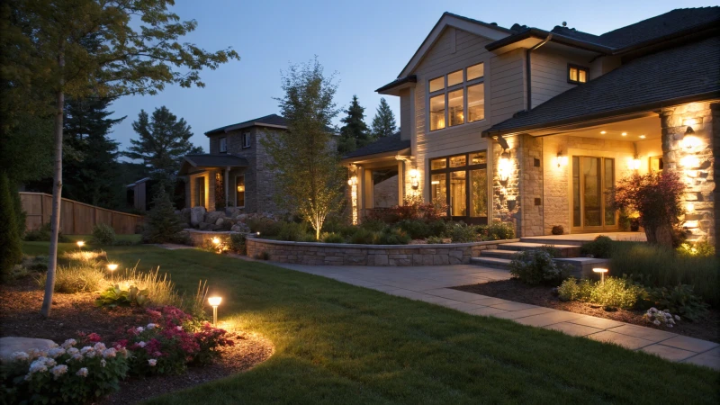 A modern home with incandescent and LED flood lights illuminating the yard