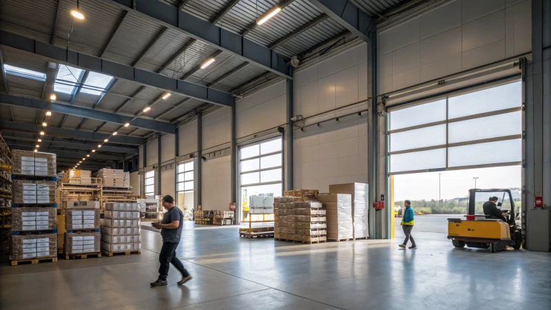 Busy warehouse loading dock with workers and bright LED lights