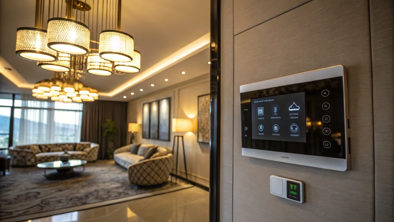 A modern interior with a sleek dimming control panel on the wall