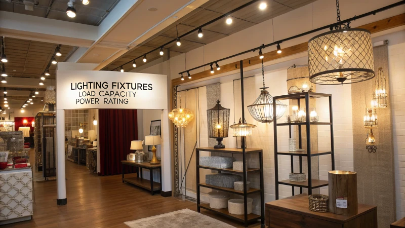 A bright modern interior showcasing various lighting fixtures with labels.