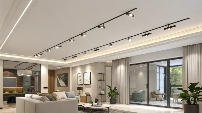 A modern interior room with stylish decor and track lighting