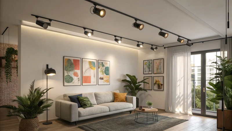 A modern interior room with track lighting and contemporary decor