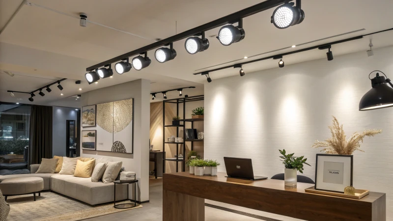 A modern interior workspace with mixed track lighting