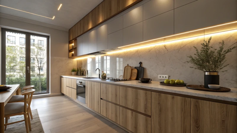 A modern kitchen with under-cabinet lighting and wooden accents.