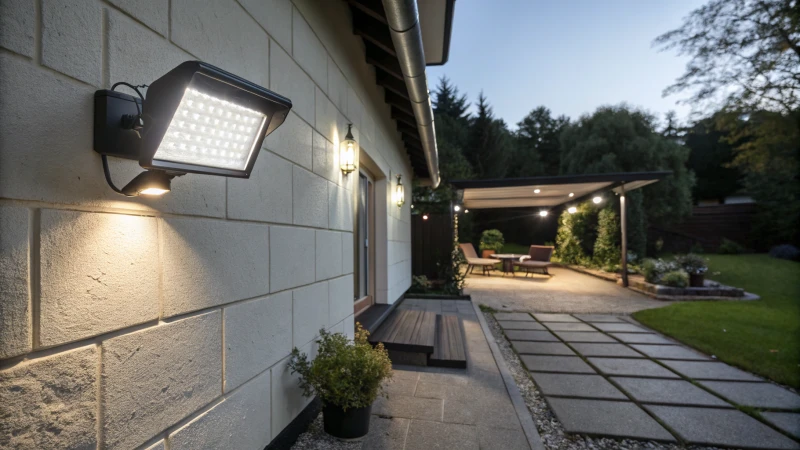 Modern LED flood light illuminating a dark patio