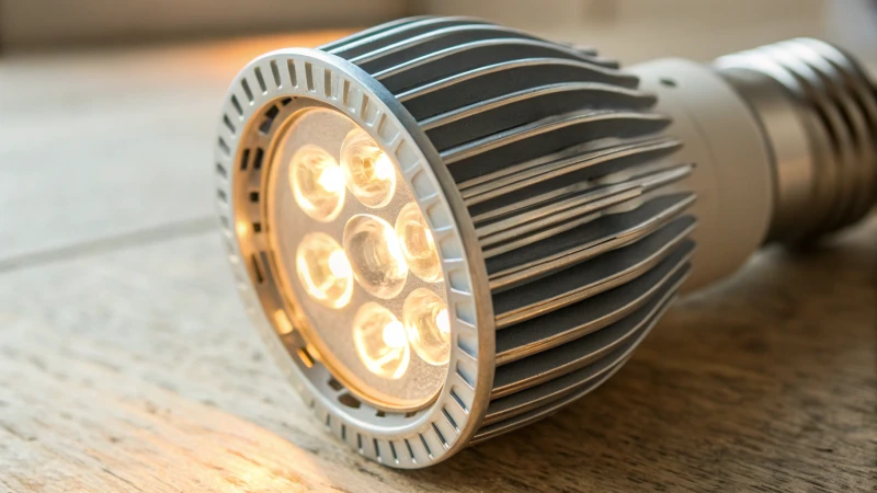 Close-up of a glowing modern LED light bulb with intricate heat sink design