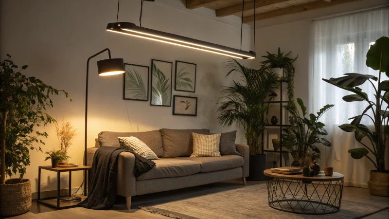 A contemporary living room with a dimmable LED light fixture