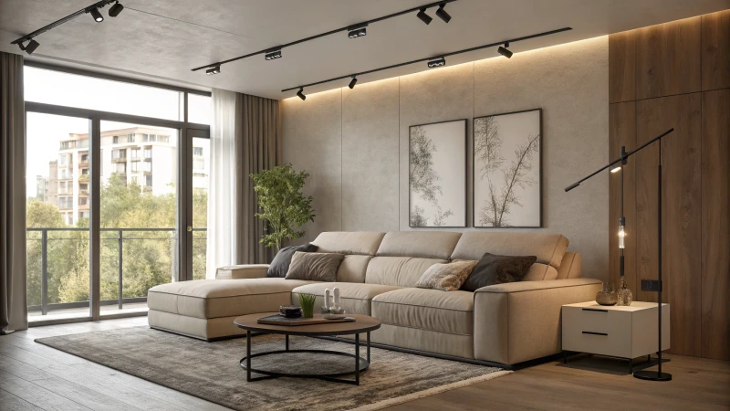 Modern living room with stylish furniture and warm lighting