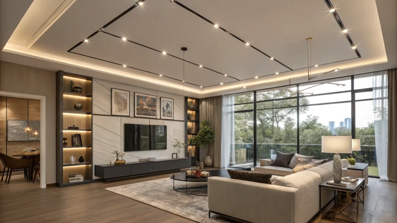 A modern living room featuring elegant design with track lights.