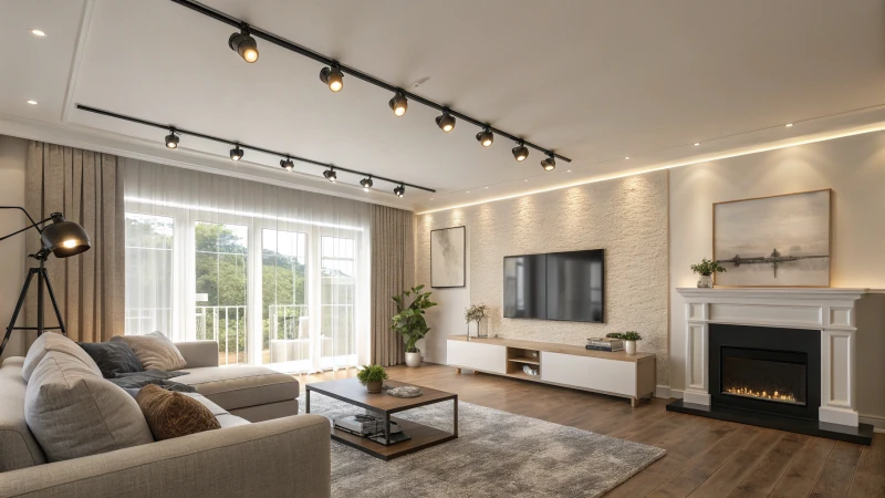 Modern living room with track lighting and contemporary furniture